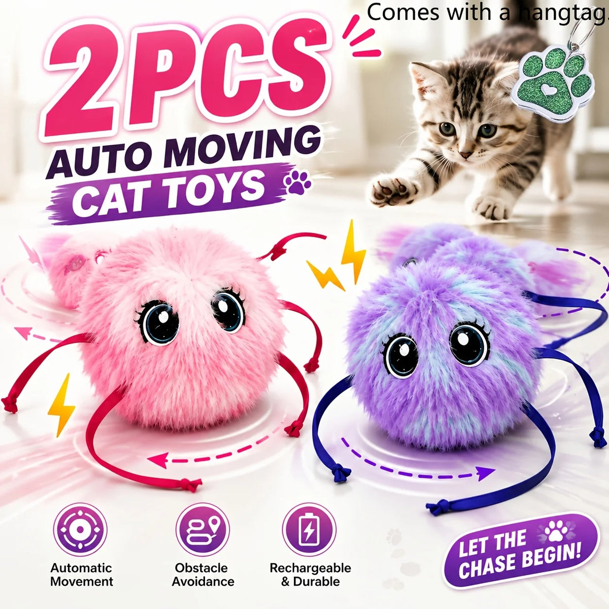 2PCS Interactive Smart Mouse Cat Toy With Motion Sensor, Realistic Sound & USB